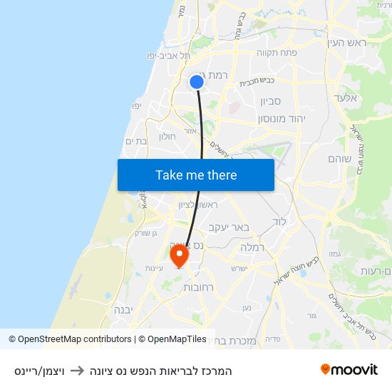 ויצמן/ריינס to המרכז לבריאות הנפש נס ציונה map