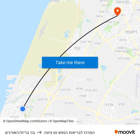 בני ברית/האורגים to המרכז לבריאות הנפש נס ציונה map