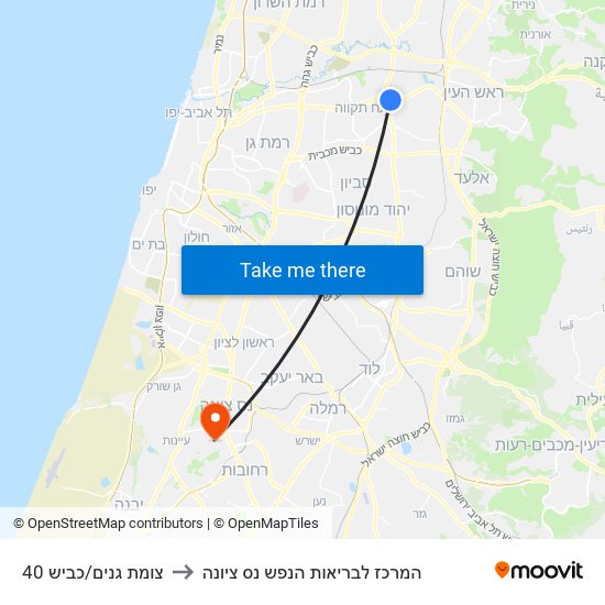 צומת גנים/כביש 40 to המרכז לבריאות הנפש נס ציונה map