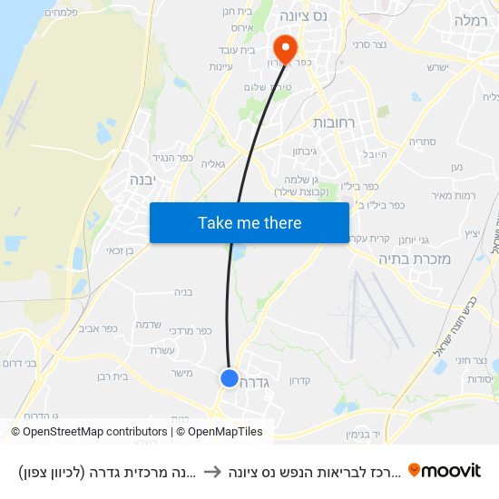 תחנה מרכזית גדרה (לכיוון צפון) to המרכז לבריאות הנפש נס ציונה map