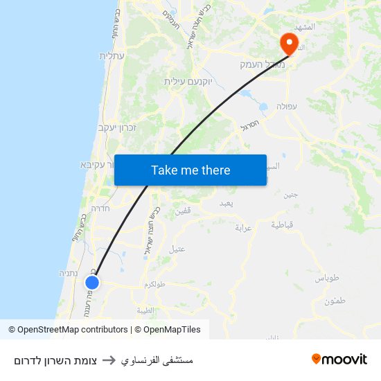 צומת השרון לדרום to مستشفى الفرنساوي map