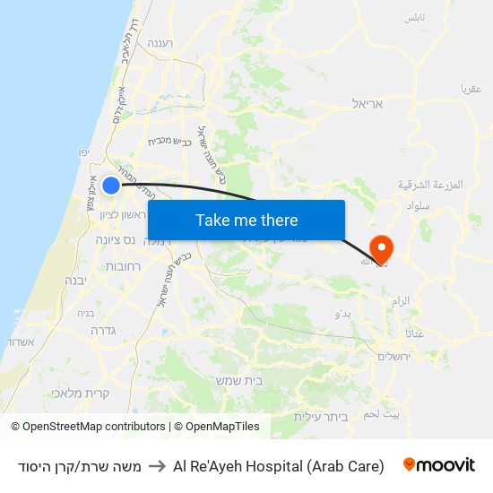 משה שרת/קרן היסוד to Al Re'Ayeh Hospital (Arab Care) map