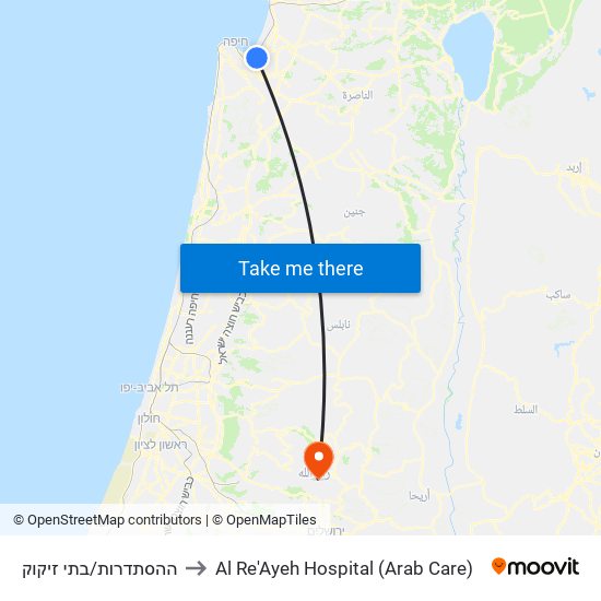 ההסתדרות/בתי זיקוק to Al Re'Ayeh Hospital (Arab Care) map