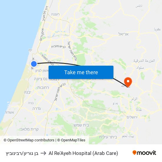 בן גוריון/רבינוביץ to Al Re'Ayeh Hospital (Arab Care) map
