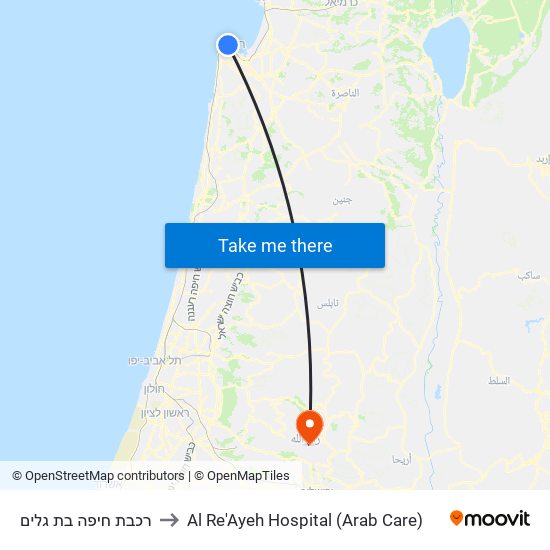 רכבת חיפה בת גלים to Al Re'Ayeh Hospital (Arab Care) map