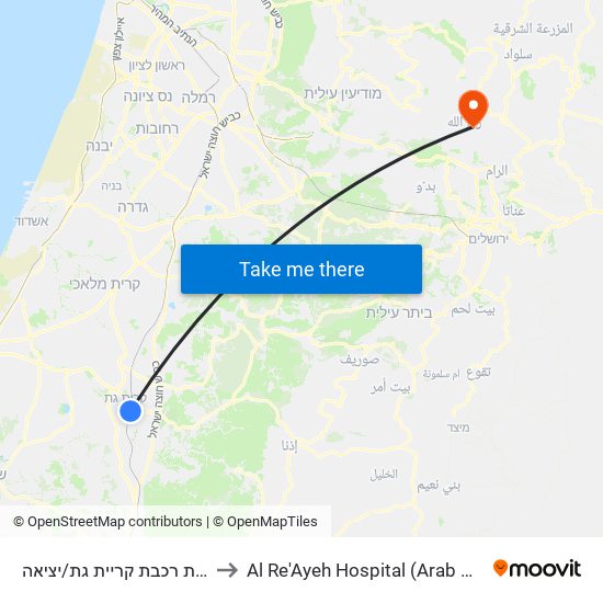 תחנת רכבת קריית גת/יציאה to Al Re'Ayeh Hospital (Arab Care) map