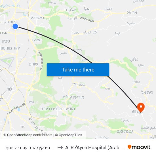 צומת סירקין/הרב עובדיה יוסף to Al Re'Ayeh Hospital (Arab Care) map