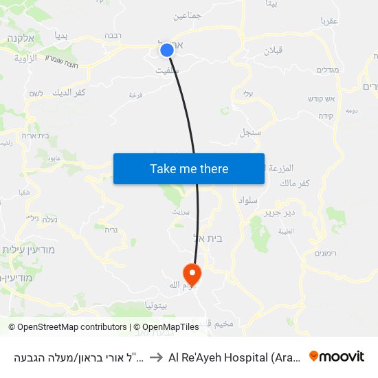 דרך תא''ל אורי בראון/מעלה הגבעה to Al Re'Ayeh Hospital (Arab Care) map