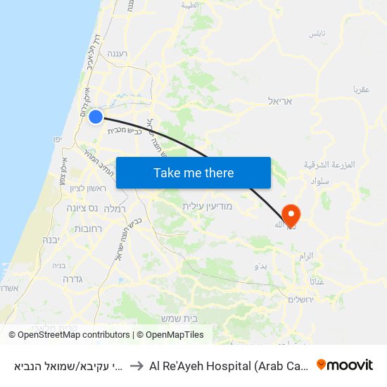 רבי עקיבא/שמואל הנביא to Al Re'Ayeh Hospital (Arab Care) map