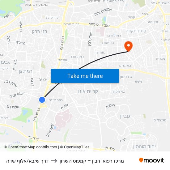דרך שיבא/אלוף שדה to מרכז רפואי רבין – קמפוס השרון map
