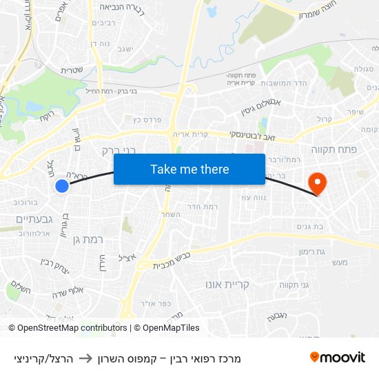 הרצל/קריניצי to מרכז רפואי רבין – קמפוס השרון map