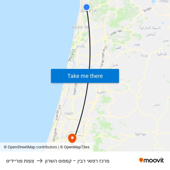 צומת פוריידיס to מרכז רפואי רבין – קמפוס השרון map