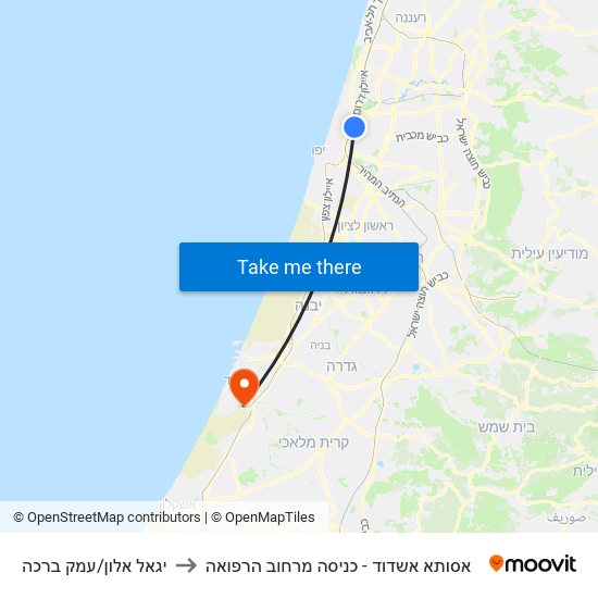 יגאל אלון/עמק ברכה to אסותא אשדוד - כניסה מרחוב הרפואה map