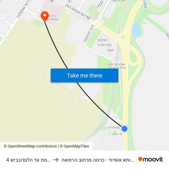 צומת עד הלום/כביש 4 to אסותא אשדוד - כניסה מרחוב הרפואה map