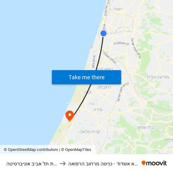 רכבת תל אביב אוניברסיטה to אסותא אשדוד - כניסה מרחוב הרפואה map