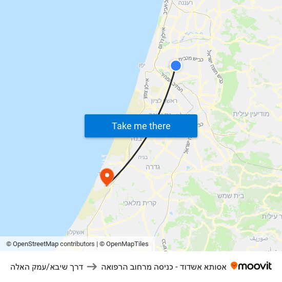 דרך שיבא/עמק האלה to אסותא אשדוד - כניסה מרחוב הרפואה map