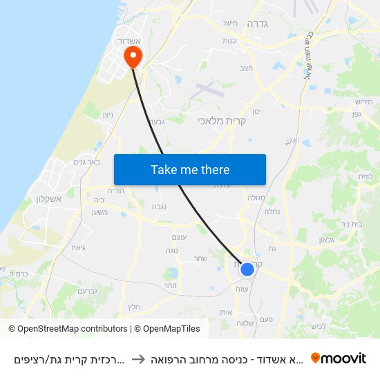 ת. מרכזית קרית גת/רציפים to אסותא אשדוד - כניסה מרחוב הרפואה map