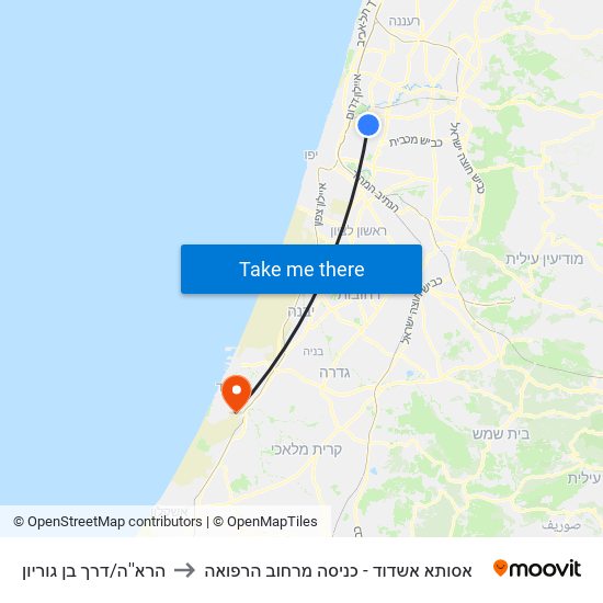 הרא''ה/דרך בן גוריון to אסותא אשדוד - כניסה מרחוב הרפואה map