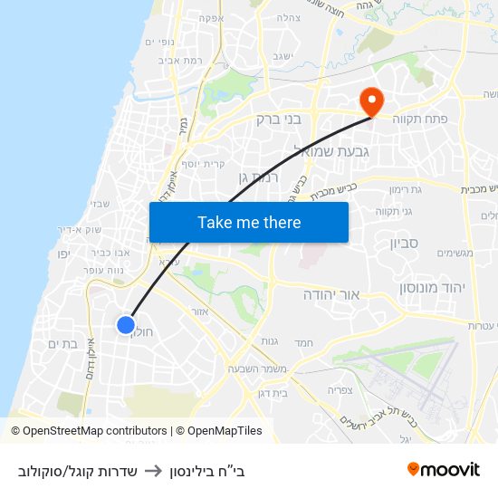 שדרות קוגל/סוקולוב to בי’’ח בילינסון map