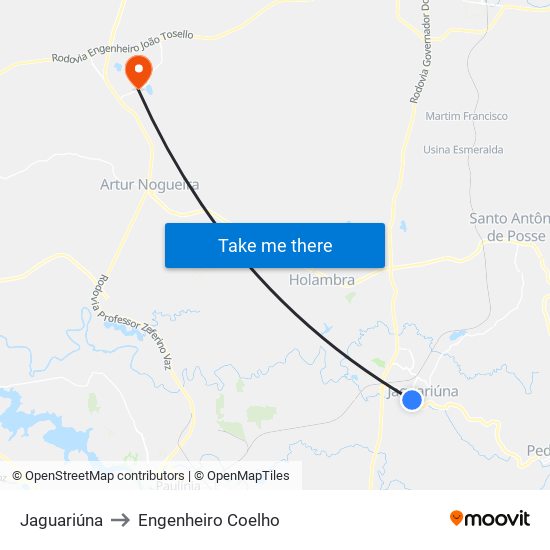 Jaguariúna to Engenheiro Coelho map