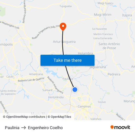 Paulínia to Engenheiro Coelho map