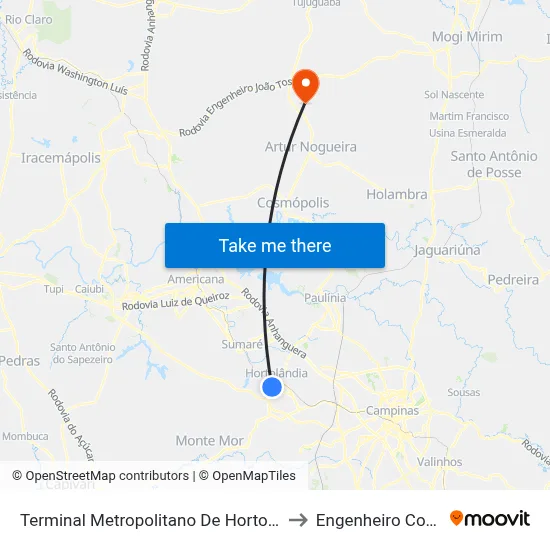 Terminal Metropolitano De Hortolândia to Engenheiro Coelho map
