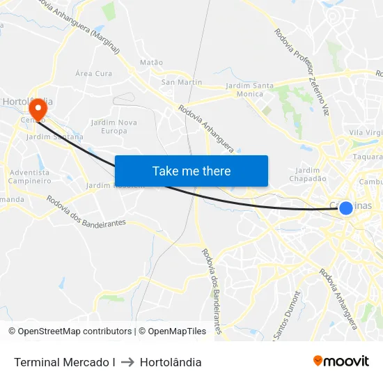 Terminal Mercado I to Hortolândia map