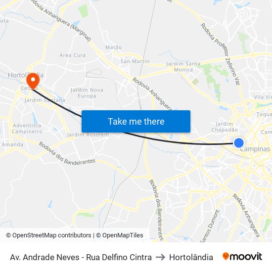 Av. Andrade Neves - Rua Delfino Cintra to Hortolândia map