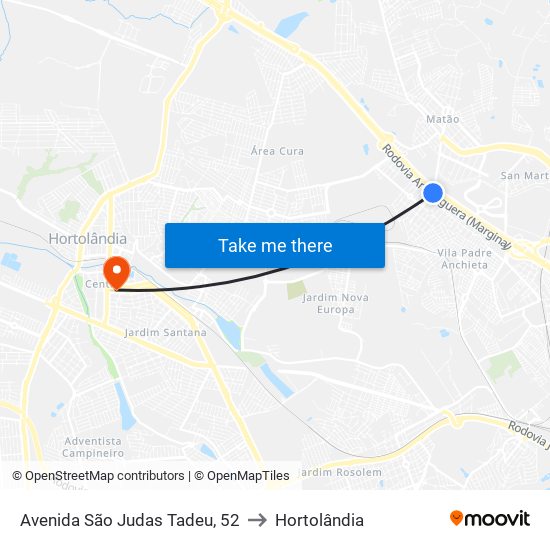 Avenida São Judas Tadeu, 52 to Hortolândia map