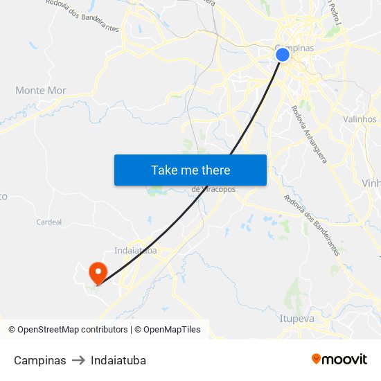 Campinas to Indaiatuba map