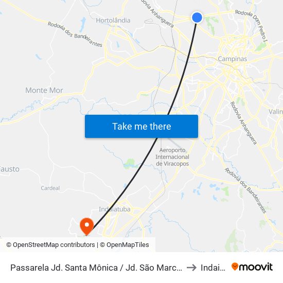 Passarela Jd. Santa Mônica / Jd. São Marcos (Sentido Anhanguera) to Indaiatuba map