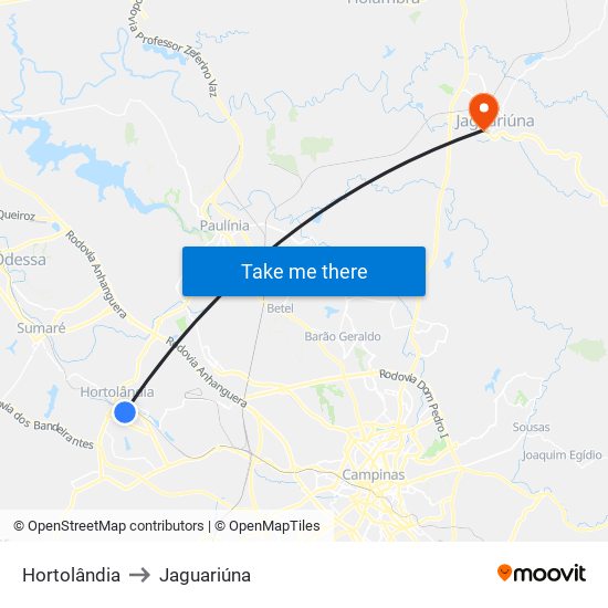 Hortolândia to Jaguariúna map