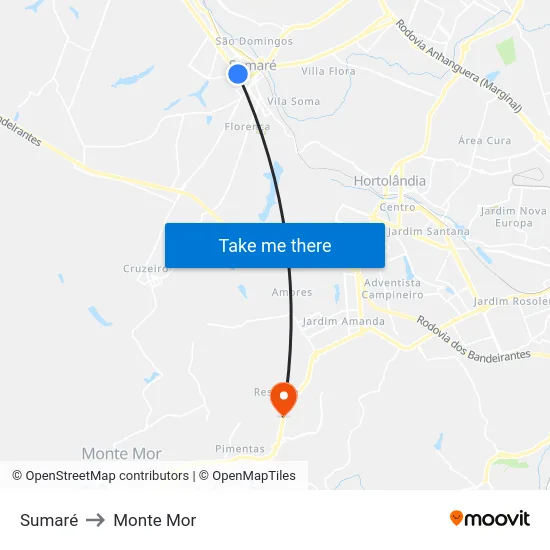 Sumaré to Monte Mor map