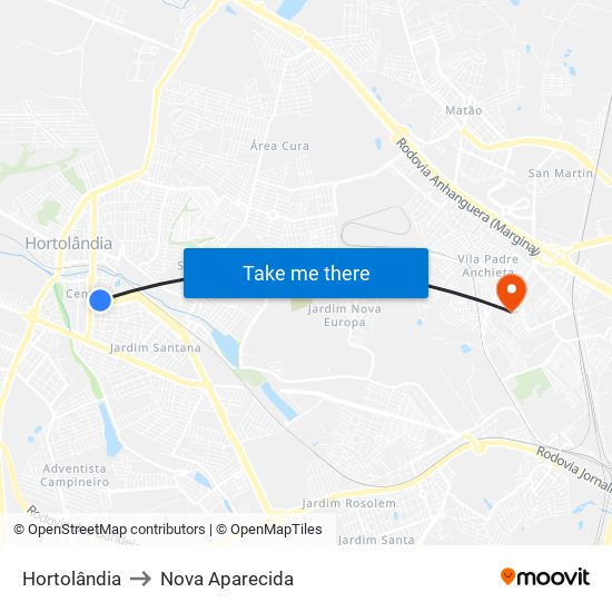 Hortolândia to Nova Aparecida map