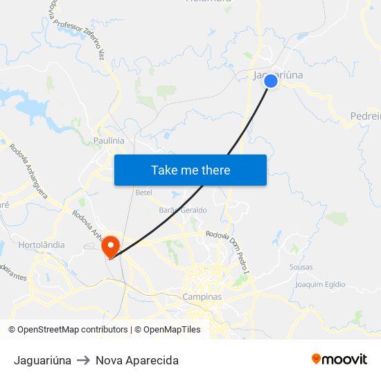 Jaguariúna to Nova Aparecida map