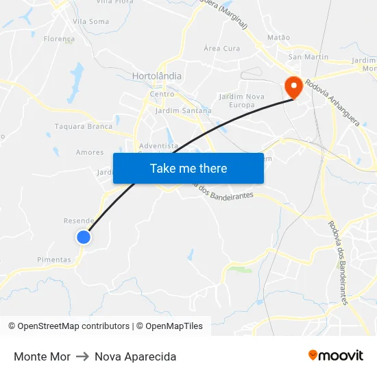 Monte Mor to Nova Aparecida map