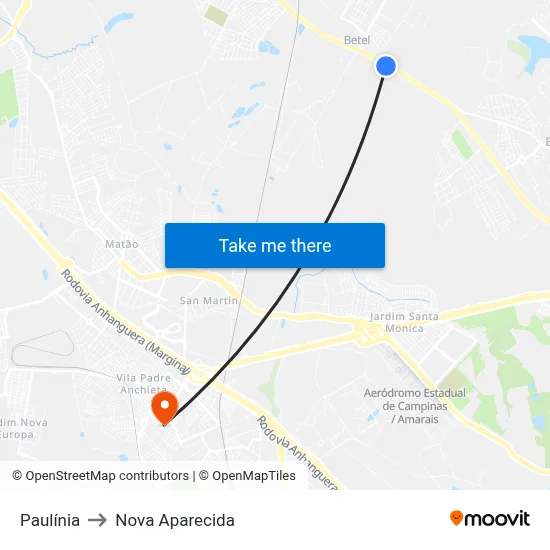 Paulínia to Nova Aparecida map