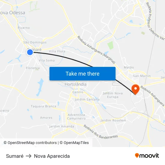 Sumaré to Nova Aparecida map
