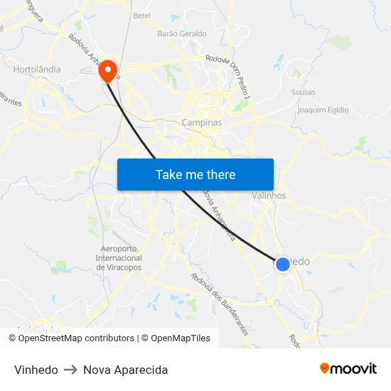 Vinhedo to Nova Aparecida map
