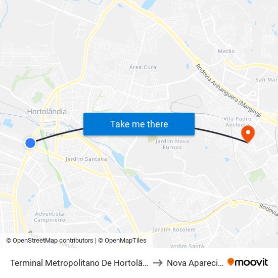 Terminal Metropolitano De Hortolândia to Nova Aparecida map