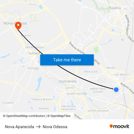 Nova Aparecida to Nova Odessa map