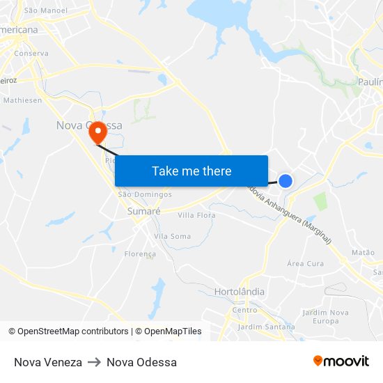 Nova Veneza to Nova Odessa map