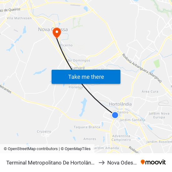 Terminal Metropolitano De Hortolândia to Nova Odessa map