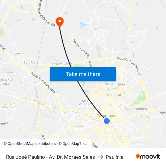 Rua José Paulino - Av. Dr. Moraes Sales to Paulínia map