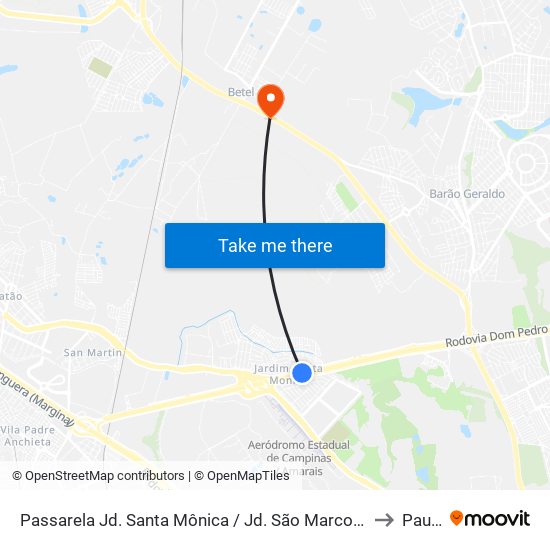 Passarela Jd. Santa Mônica / Jd. São Marcos (Sentido Anhanguera) to Paulínia map