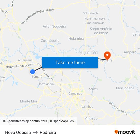 Nova Odessa to Pedreira map