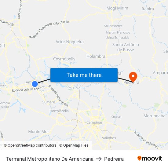 Terminal Metropolitano De Americana to Pedreira map