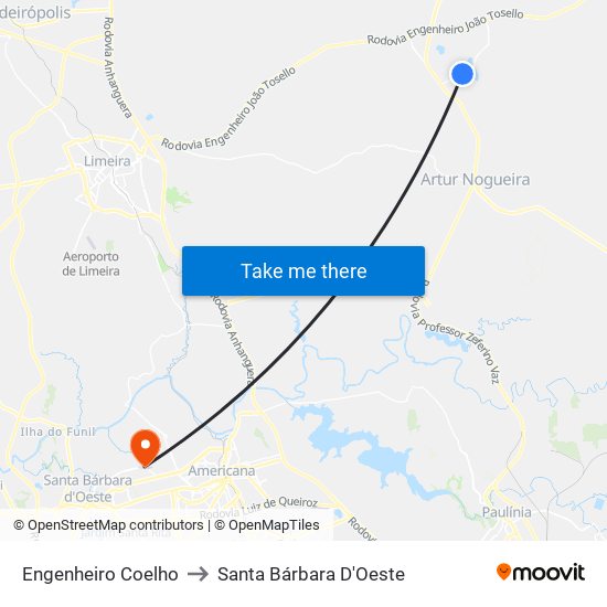 Engenheiro Coelho to Santa Bárbara D'Oeste map