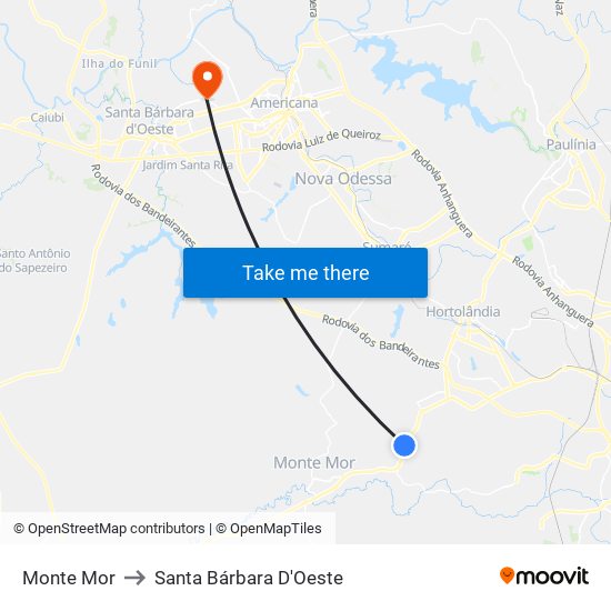 Monte Mor to Santa Bárbara D'Oeste map