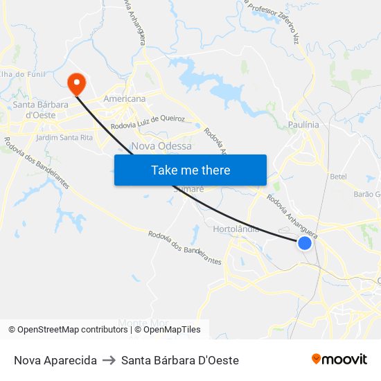 Nova Aparecida to Santa Bárbara D'Oeste map